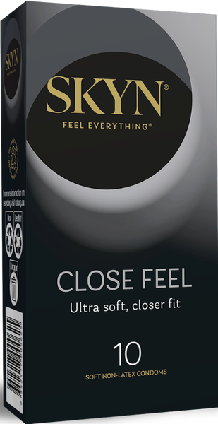 Packaging of SKYN Close Feel condoms, showing the box with the product name and the number of pieces, 10, highlighted on the front.