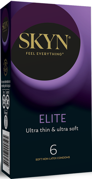Packaging of SKYN Elite Straight Fit Smooth Texture Condoms, 53mm nominal width, in a purple and black box with a count of 6.