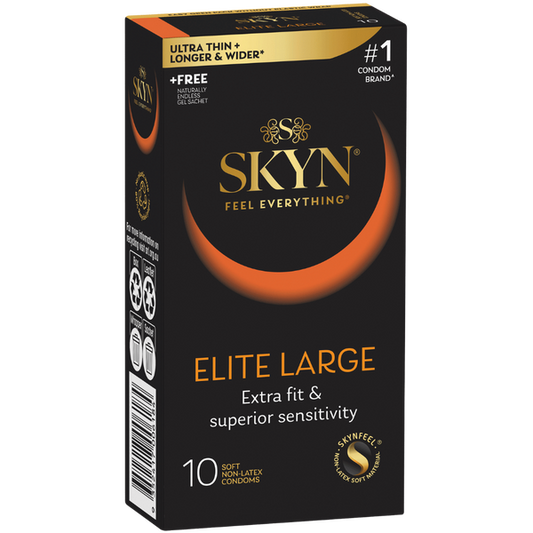 A box of SKYN Elite Large condoms, indicating ultra-thin and ultra-soft design with a straight shape and reservoir-end, smooth surface, and pleasant scent.