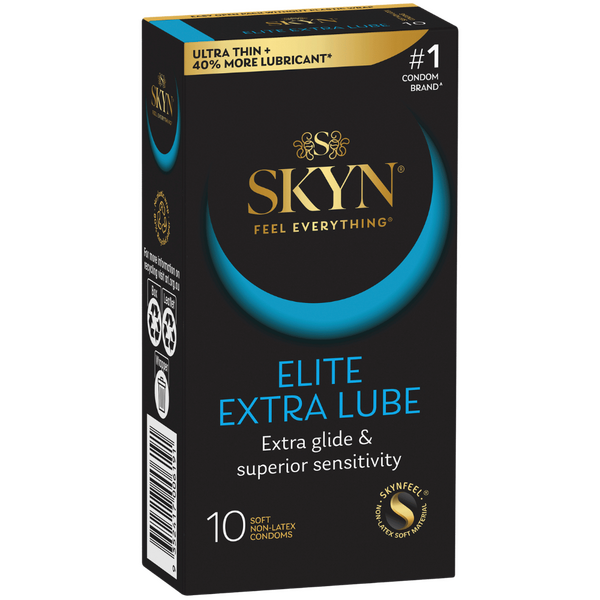 A box of Lifestyles Elite Extra Lube condoms, featuring a black and blue design with product information and branding.