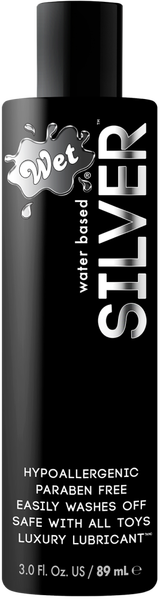 A black bottle of Wet SILVER Water Based Hypoallergenic Lube with white and silver labeling.