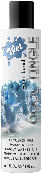 Bottle of Wet Cool Tingle personal lubricant with a blue and white label, indicating it is a water-based lubricant.