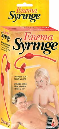 The image displays the packaging of a Seven Creations Enema Syringe, designed for both anal and vaginal use with a double-sided plastic tip. The package features a prominent image of the product, which appears as a clear, soft pump enema syringe connected to a hose.