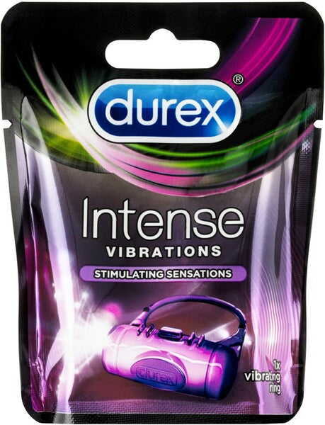 The product packaging shows a purple vibrating ring stimulator with a prominent Durex logo, indicating it's designed for enhancing sensual experiences.
