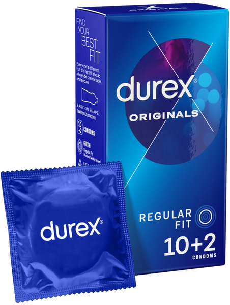 Packaging of Durex Originals Latex Condoms with a prominent blue color and branding, indicating a regular fit and a quantity of 10+2 condoms.