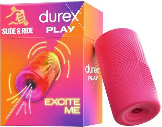 The product image shows the Durex Play Slide & Ride Textured Masturbation Sleeve in a vibrant pink color, along with its packaging. The packaging is brightly colored with graphics illustrating the use of the sleeve.