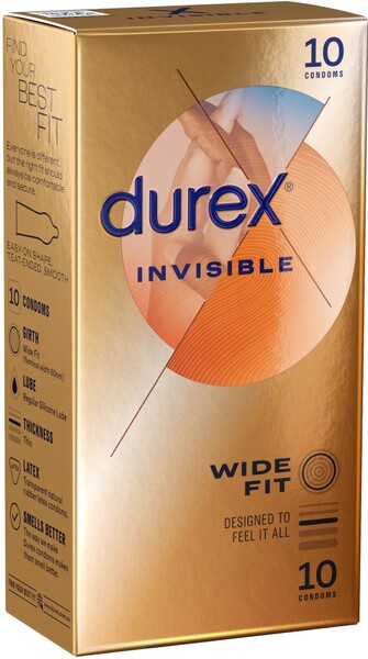 Durex Invisible - Wide Fit 10's Straight Walled Teat Ended 57mm