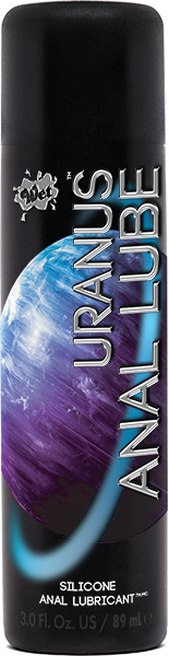 A cylindrical bottle of Wet Uranus Anal Lube with a thicker silicone-based formula. The packaging is predominantly black with purple and blue accents, and features the product name and description.