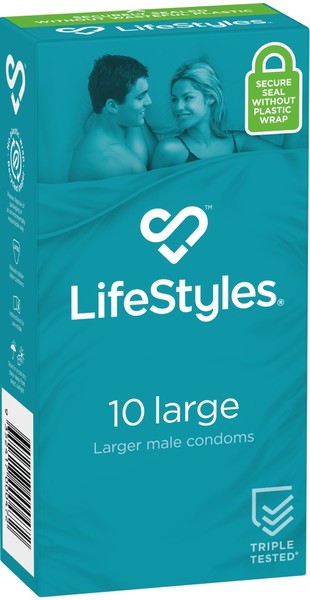 Packaging of LifeStyles larger flared easy fit smooth texture condoms, showing the box with the product name and the image of a couple on the front.