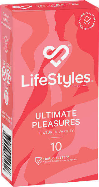 Packaging for LifeStyles Ultimate Pleasures Textured Condoms, pink background with product name and count visible.