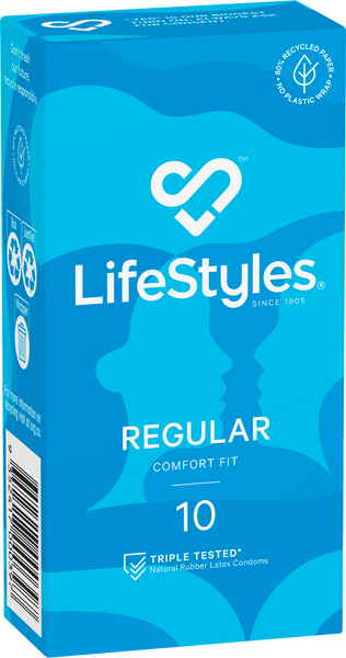 Packaging for LifeStyles Regular Fit Condoms with a 54mm nominal width, shown against a white background.