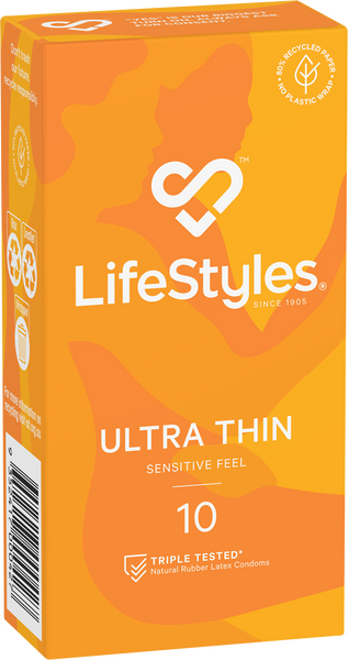 Packaging for LifeStyles Ultra Thin Condoms, showing the brand logo, product name, and a count of 10. The background is orange with a pattern of white dots.