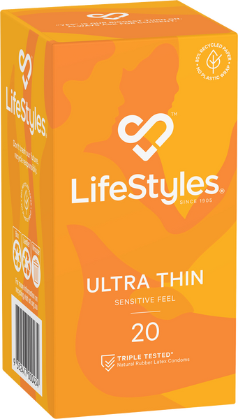 Packaging for LifeStyles Ultra Thin Flared Fit Condoms, showing the box with the product name and the number of pieces, against an orange background.