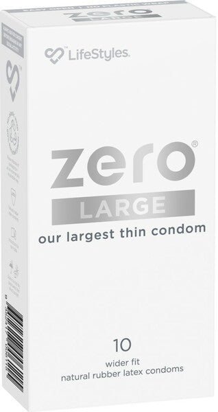 Packaging box of LifeStyles Zero Large Condoms with a nominal width of 56mm, containing a pack of 10 lubricated non-spermicidal condoms with a vanilla fragrance.