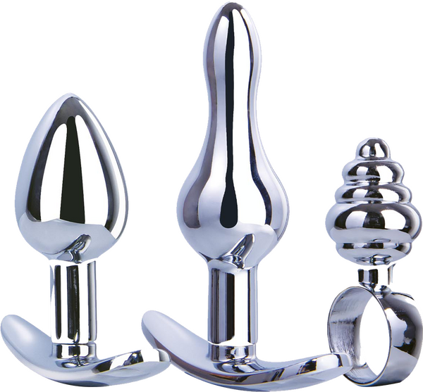Excellent Power Metal Butt Plug Kit T-Bar Base Pull Ring Design 3 Sizes 3 Shapes
