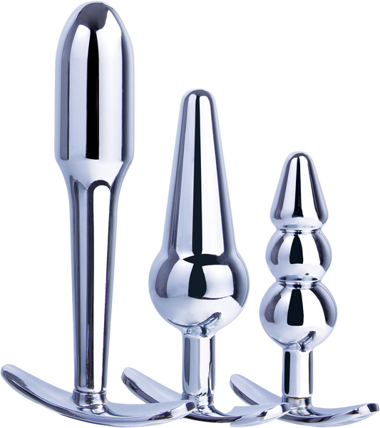 Excellent Power 3 in 1 Metal Butt Plug Kit Set T-Bar Base Pull Ring Design 3 Sizes and Shapes