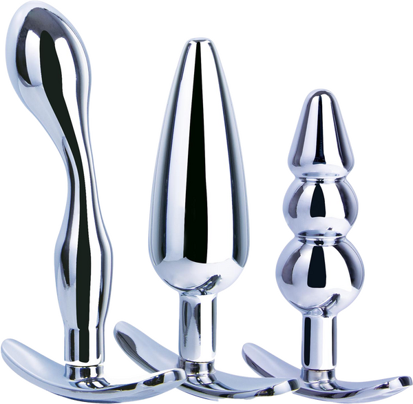 Excellent Power 3 in 1 Metal Butt Plug Kit Set T-Bar base Pull Ring Design 3 Sizes and Shapes