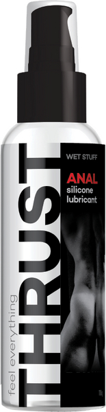 A pump bottle of Gel Works Thrust Anal Silicone Lube with a white label and black text, indicating it is a long-lasting silicone lubricant for intimate use.
