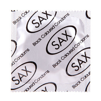 Packaging of SAX Black Condoms featuring the brand name prominently displayed.