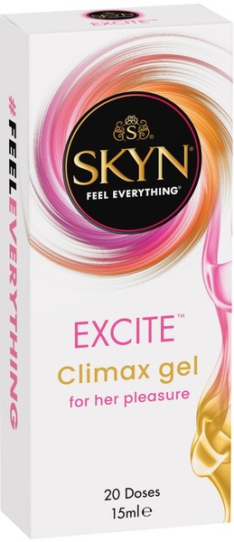 Packaging of SKYN Excite Climax Gel with branding and product information.