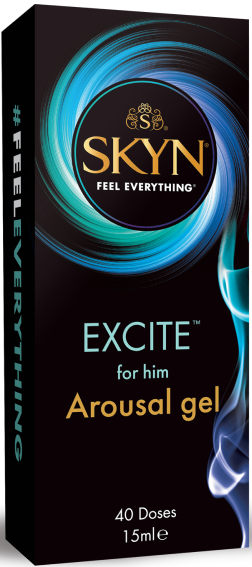 The image displays a package of SKYN Excite Arousal Gel for him, showing the product name and branding prominently.