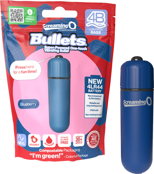 The image shows a Screaming O 4B Bullet Vibrator in blue color, with its packaging that highlights the product features such as low pitch bass, long-lasting batteries, and waterproof capability. The bullet vibrator is designed for clitoral stimulation and smooth, rumbling vibrations.