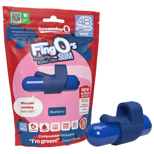 The product image shows the Screaming O FingO's Slim 4B Low Pitch Bass Finger Bullet in blue color, both in its packaging and separately. The packaging is predominantly red with product information and branding.