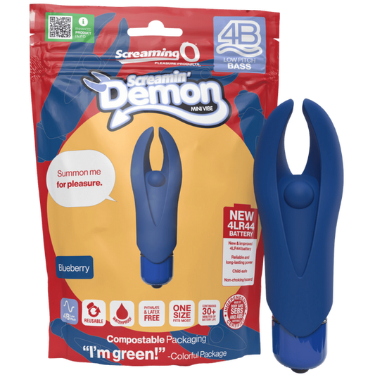 A blue Screaming O Demon 4B Low Pitch Bass vibrator with flexible silicone horns and a pleasure nub, shown alongside its compostable packaging.