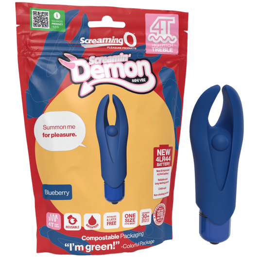 The product image shows the Screaming O Demon 4T High Pitch Treble Clit Stimulator in blue color. It has a flexible design with horns and a nub for stimulation.