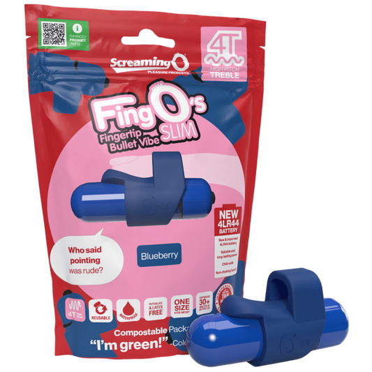 The product image shows the Screaming O FingO's Slim 4T High Pitch Treble Finger Bullet Vibrator in blue color, packaged in a red and white box. The vibrator itself has a sleek, compact design with a silicone sleeve.