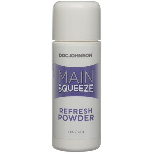 A white bottle with a purple label that reads 'Doc Johnson MAIN SQUEEZE Refresh Powder'.