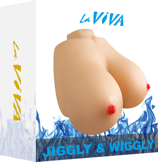 The product image shows the packaging of the LaViva Jiggly Wiggly, which features a realistic breast-shaped design. The packaging is predominantly white with blue flames, and the product name is prominently displayed.