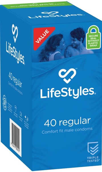 Packaging for LifeStyles Regular Flared/Easy-Fit Smooth Texture Condoms, showing the box with the product name and quantity, and an image of a couple on the front.
