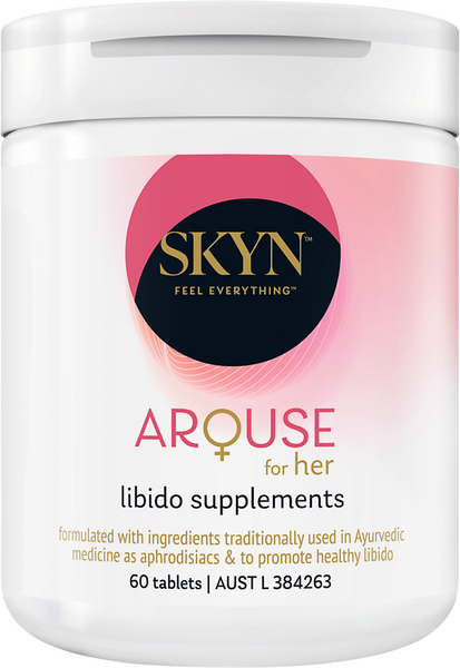A container of Skyn Libido Supplements for Her with 60 tablets, predominantly white and pink in color.