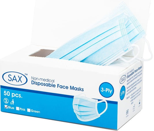 A box of Sax disposable face masks with 3-ply construction, predominantly blue in color, packaged as 50 pcs.