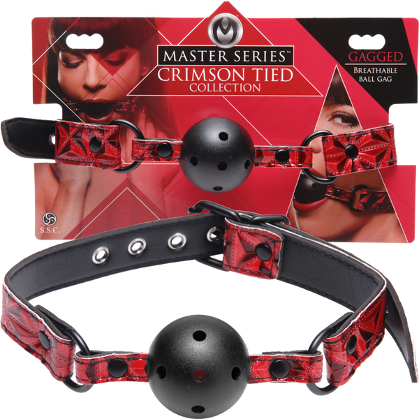A red and black ball gag with perforations, adjustable strap, and a rolling buckle. The product is shown both in and out of its packaging.