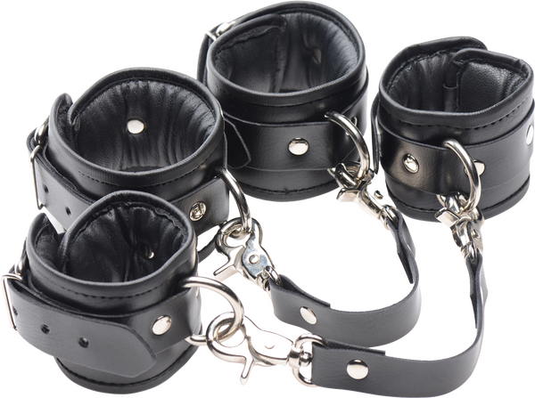 A set of black PU leather ankle cuffs with adjustable straps and heavy-duty hardware.
