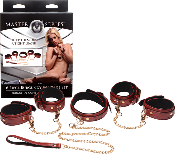 A 6-piece burgundy and gold bondage set including wrist cuffs, ankle cuffs, a collar, a leash, and golden chains with nickel-free metal. The product is displayed with a box showing a model wearing the set.