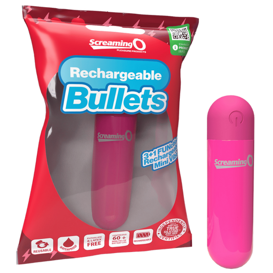 A pink rechargeable bullet vibrator is shown alongside its red packaging, which reads 'Rechargeable Bullets.' The product is compact and sleek, with a single button on the front.