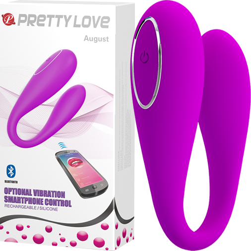 A purple Pretty Love August Clit Stimulator. The product is sleek and curved, designed for clitoral stimulation, and is shown alongside its packaging which highlights smartphone control feature.
