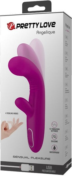A purple Pretty Love Angelique G-Spot Stimulator with a sleek design. The packaging shows its features including 12 functions, 4 tickling modes, and USB rechargeability.