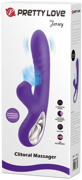 The product is a purple clitoral massager by Pretty Love. It has a sleek design with a curved end for targeted stimulation.