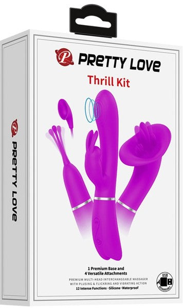 The image shows the packaging of the Pretty Love Thrill Kit, with a purple silicone vibrator and its four attachments displayed in front of the box.