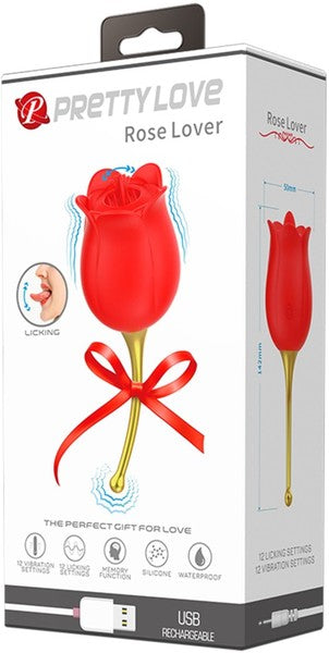 A rose-shaped vibrator in red color with a golden stem and a green leaf. The product is shown in its packaging which highlights its features like USB rechargeable, 12 functions, and clitoral stimulation.