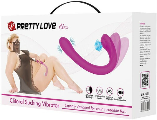 The image shows the packaging of the Pretty Love Alex Clitoral Sucking Vibrator. The box features a picture of a woman using the vibrator, which is designed in a purple color.