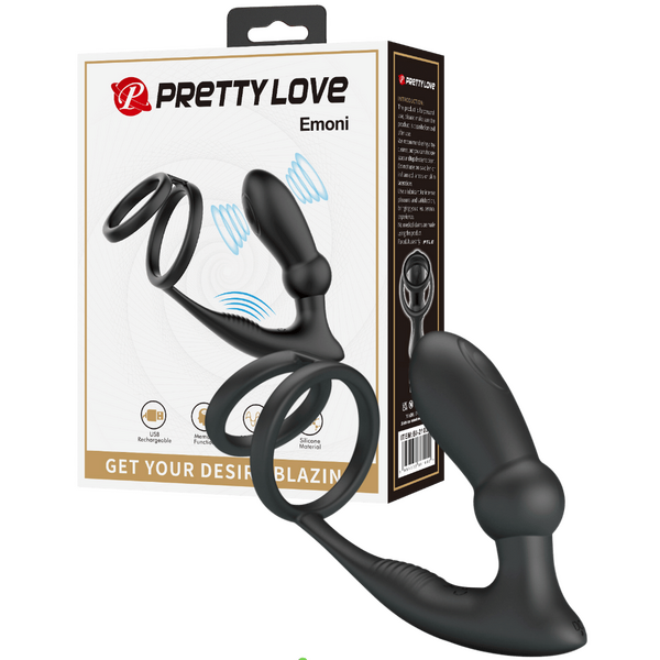 Pretty Love Emoni Vibro Cock Ring with Butt Plug 12 Function Double Motor Rechargeable