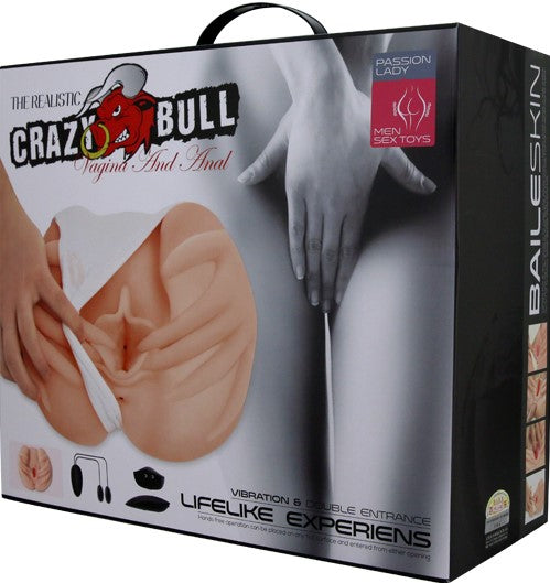 The image shows the product packaging for the Pretty Love Hands-on Vagina And Anal Vibrating Heating Masturbator. The box features a realistic depiction of the product, with an adult model demonstrating the use of the masturbator.