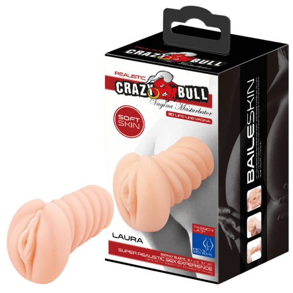 The image shows the Pretty Love Vagina Masturbator - Laura, both inside and outside its packaging. The product is a small, flesh-colored masturbator made from soft material, designed to mimic the human vagina with a ribbed tunnel.
