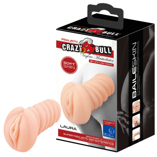 The image shows the Pretty Love Vagina Masturbator - Laura, both inside and outside its packaging. The product is a small, flesh-colored masturbator made from soft material, designed to mimic the human vagina with a ribbed tunnel.