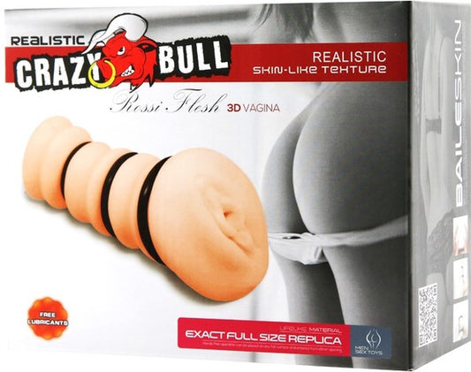 The image shows the product packaging for the Pretty Love Rossi Flesh 3D Vagina masturbator. The box features a realistic image of the product, which is designed to mimic a human vagina with detailed textures and three tightening rings.